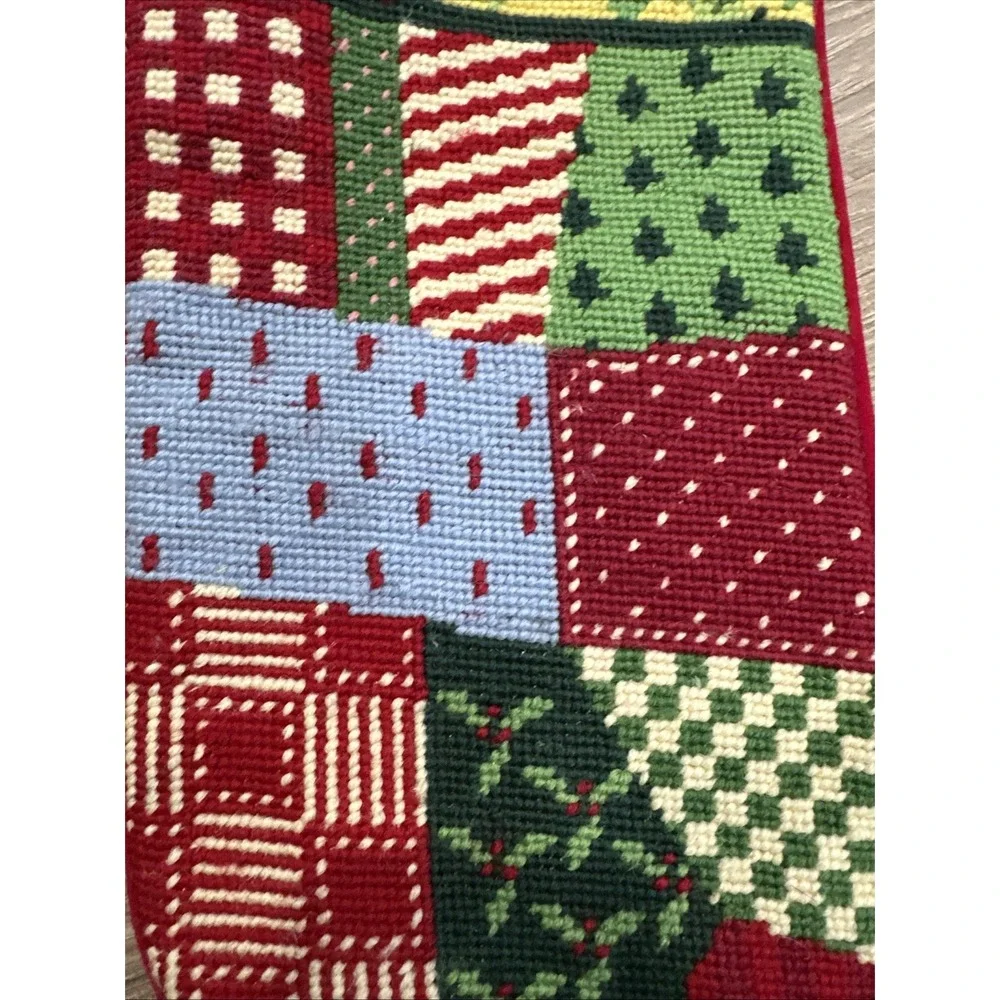 Land's End Vtg Needlepoint Christmas‎ Stocking Patchwork Customize NICOLET 18
